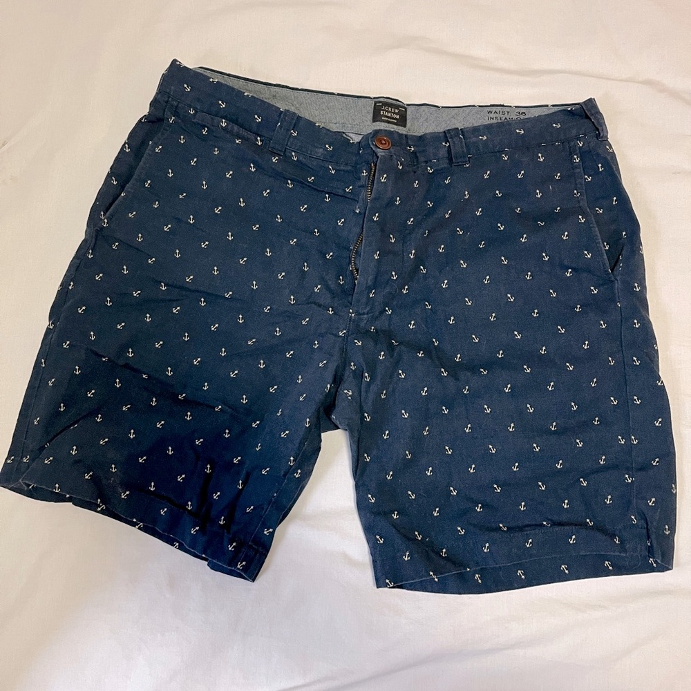 J-Crew Shorts for Men. Navy blue anchor pattern. Waist: 36. Inseam: 9.
